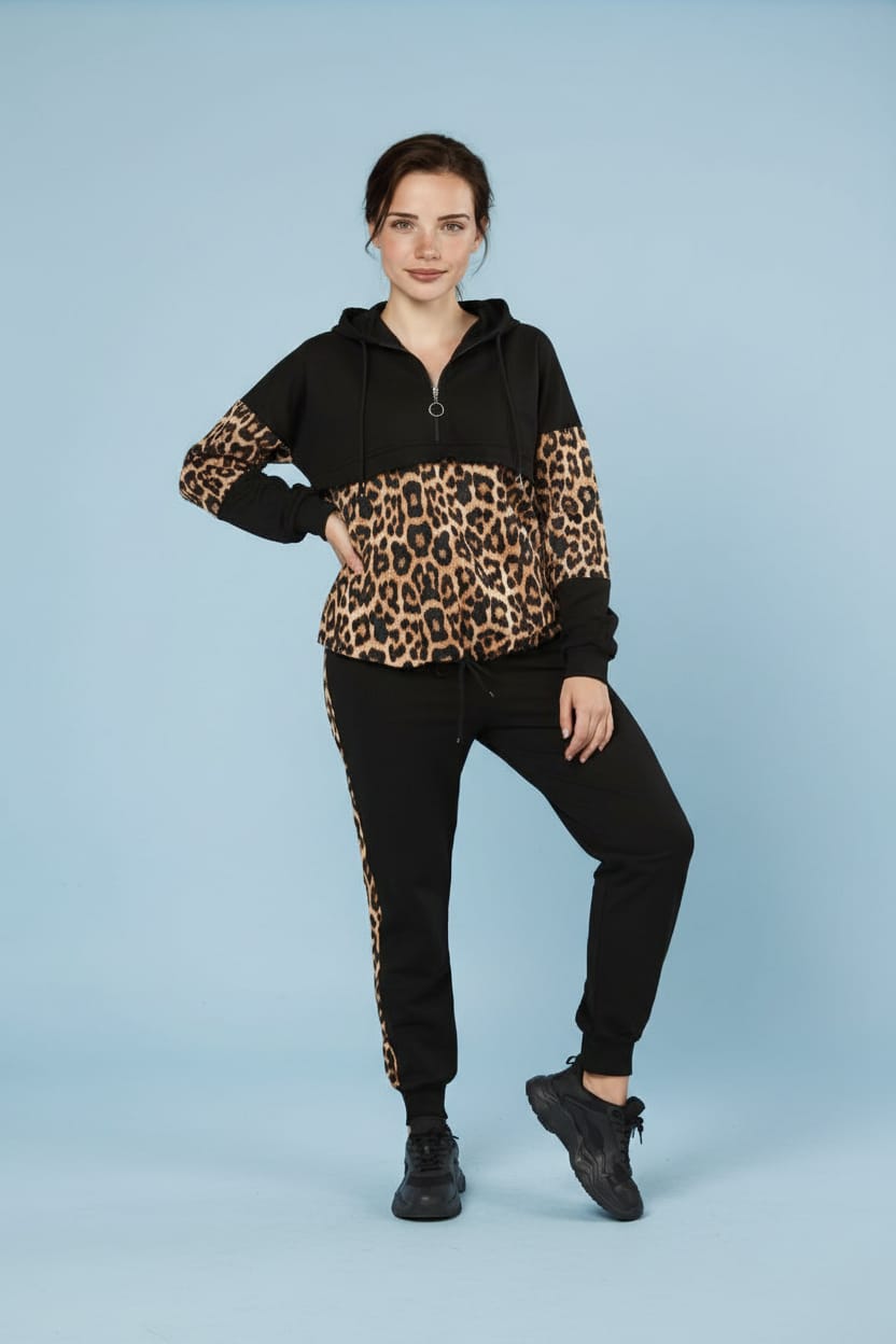 Kapuşonlu Eşofman Takımı Leopar Desen