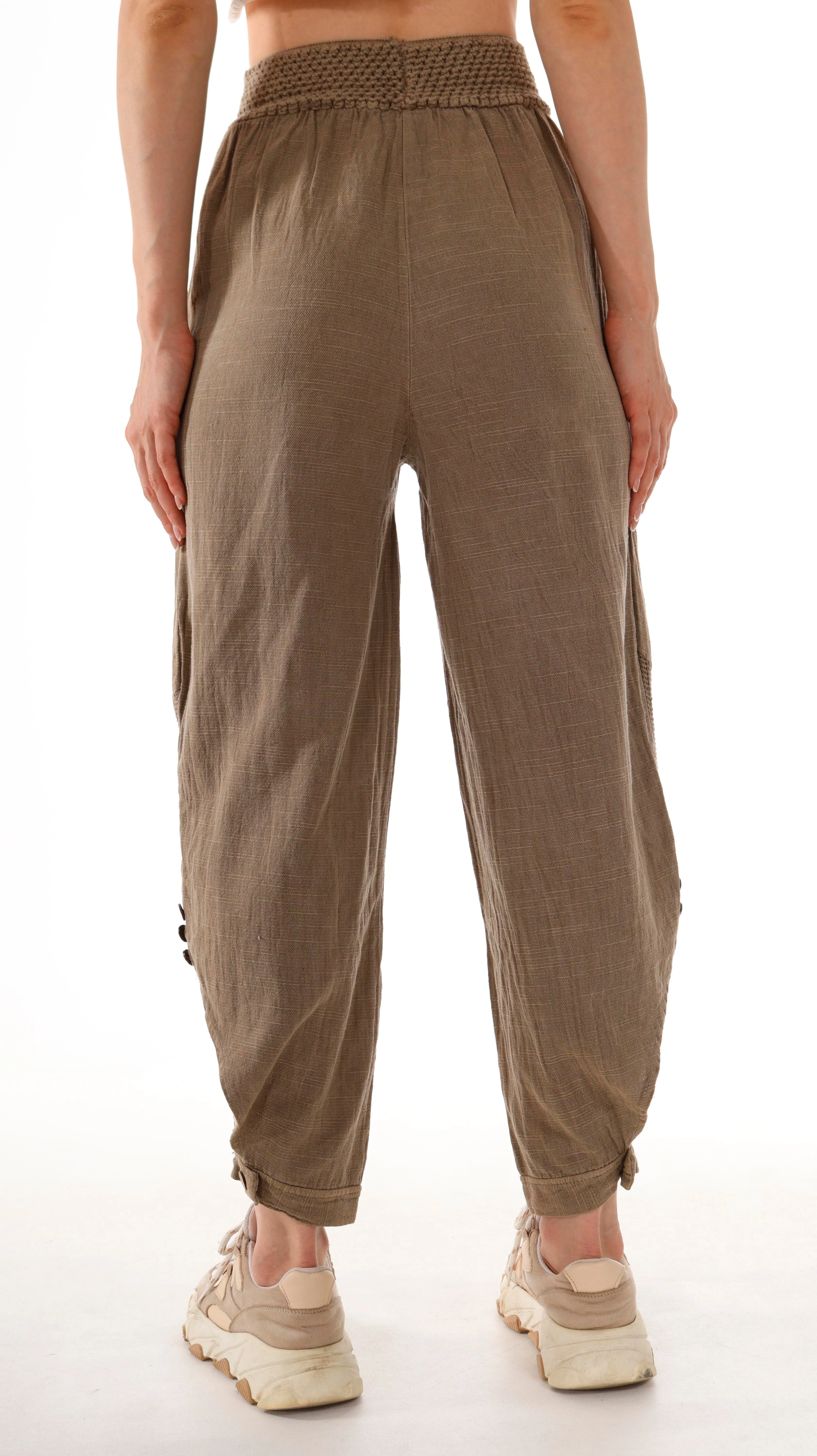 Paçası Düğme ve File Detay Bel Kopenaklı Cepli %100 Pamuk Pantolon