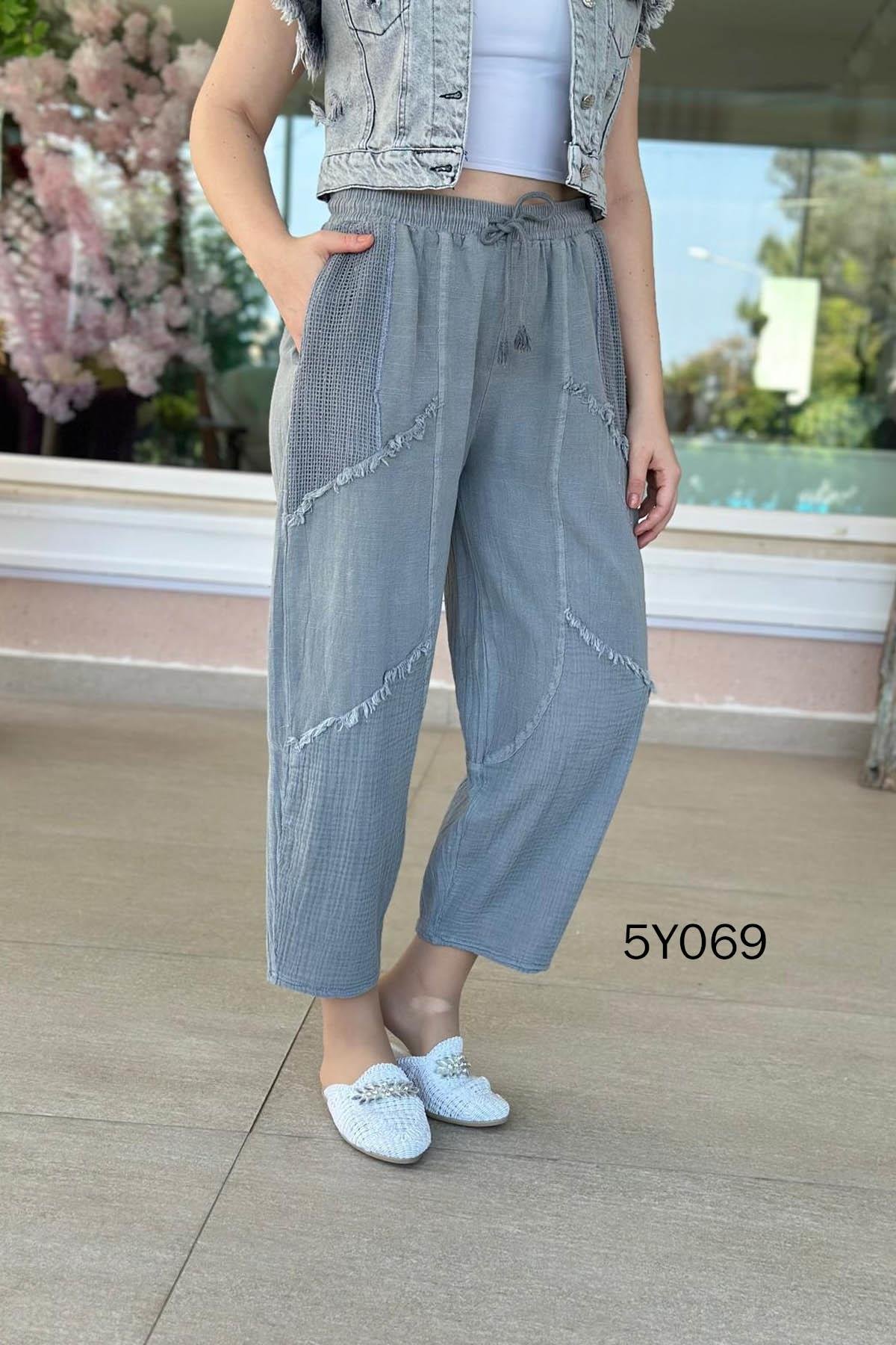 Keten Görünümlü Fileli Cep Dikiş Detay İtalyan Tasarım Pantolon %100 Pamuk