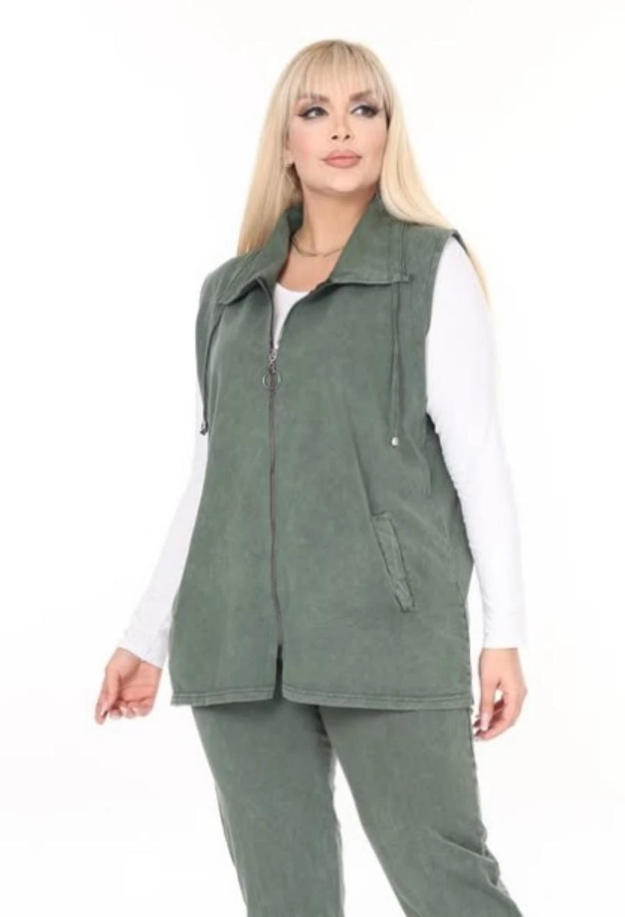 Yaka İp Detaylı Çift Cepli Fermuarlı Uzun Pamuk Yelek 