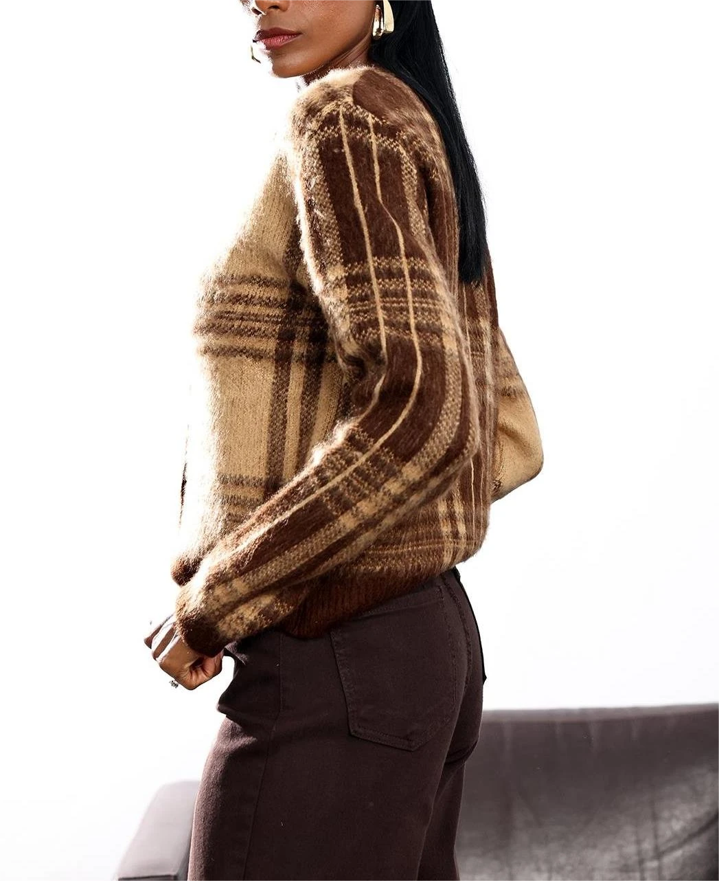 Bisiklet Yaka Düğmeli Şardonlu Karel Desenli Yünlü Hırka