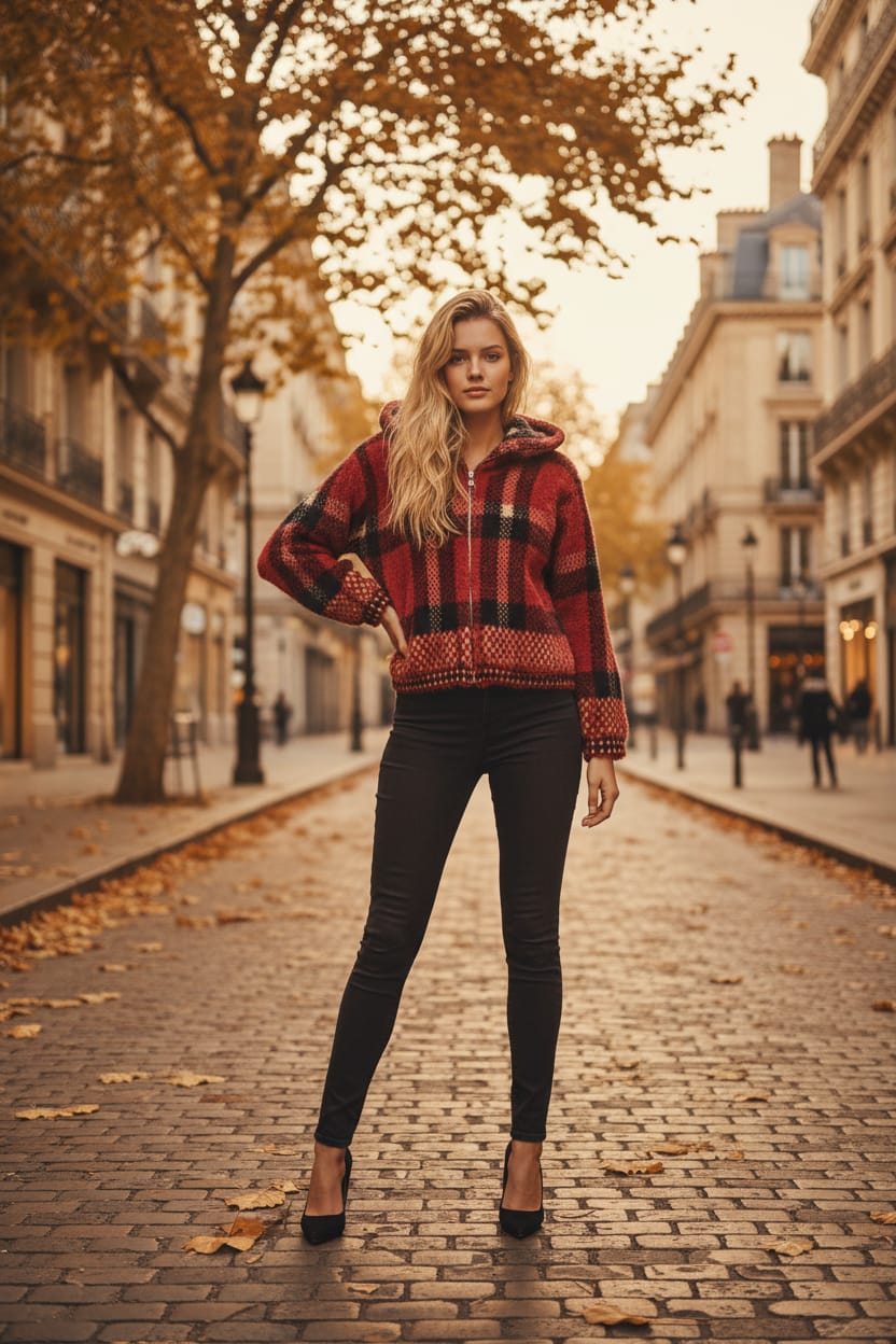 Ekose Desen Fermuarlı Dik Yaka %100 Pamuk Hırka