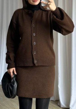 Bisiklet Yaka Düğmeli Hırka Mini Etek Esnek Triko Takım