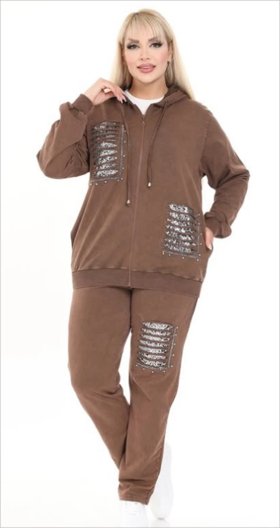 Kapüşonlu Pul Payet Taş İşlemeli Lazer Kesim Cepli Fermuarlı Pamuk Eşofman Takımı 