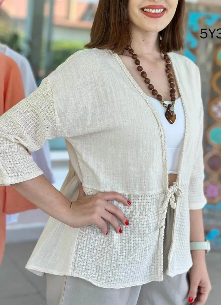 Oversize Hırka Önden Bağlamalı Bel Detaylı Truvakar Kol Biye Detay %100 Pamuk