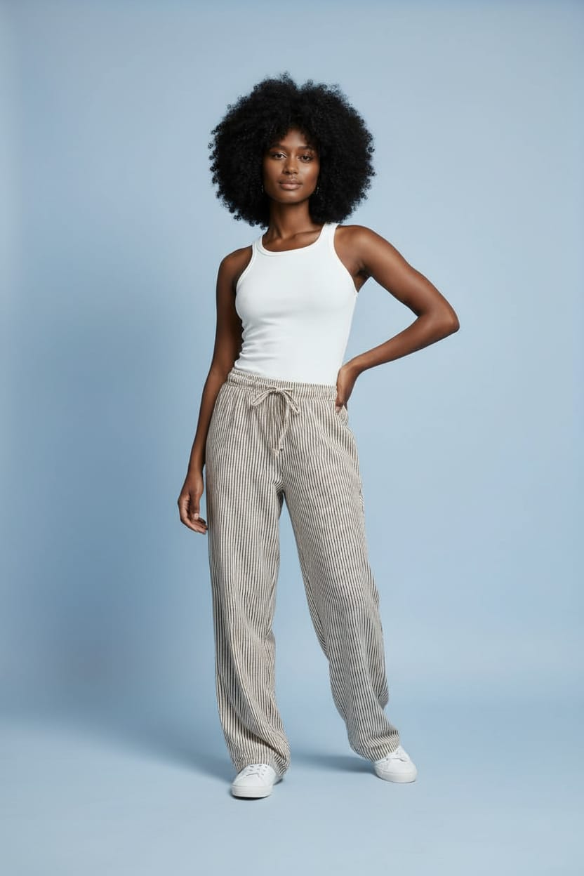 Çizgili Bol Paça Pantolon Beli Lastikli Bağlamalı 