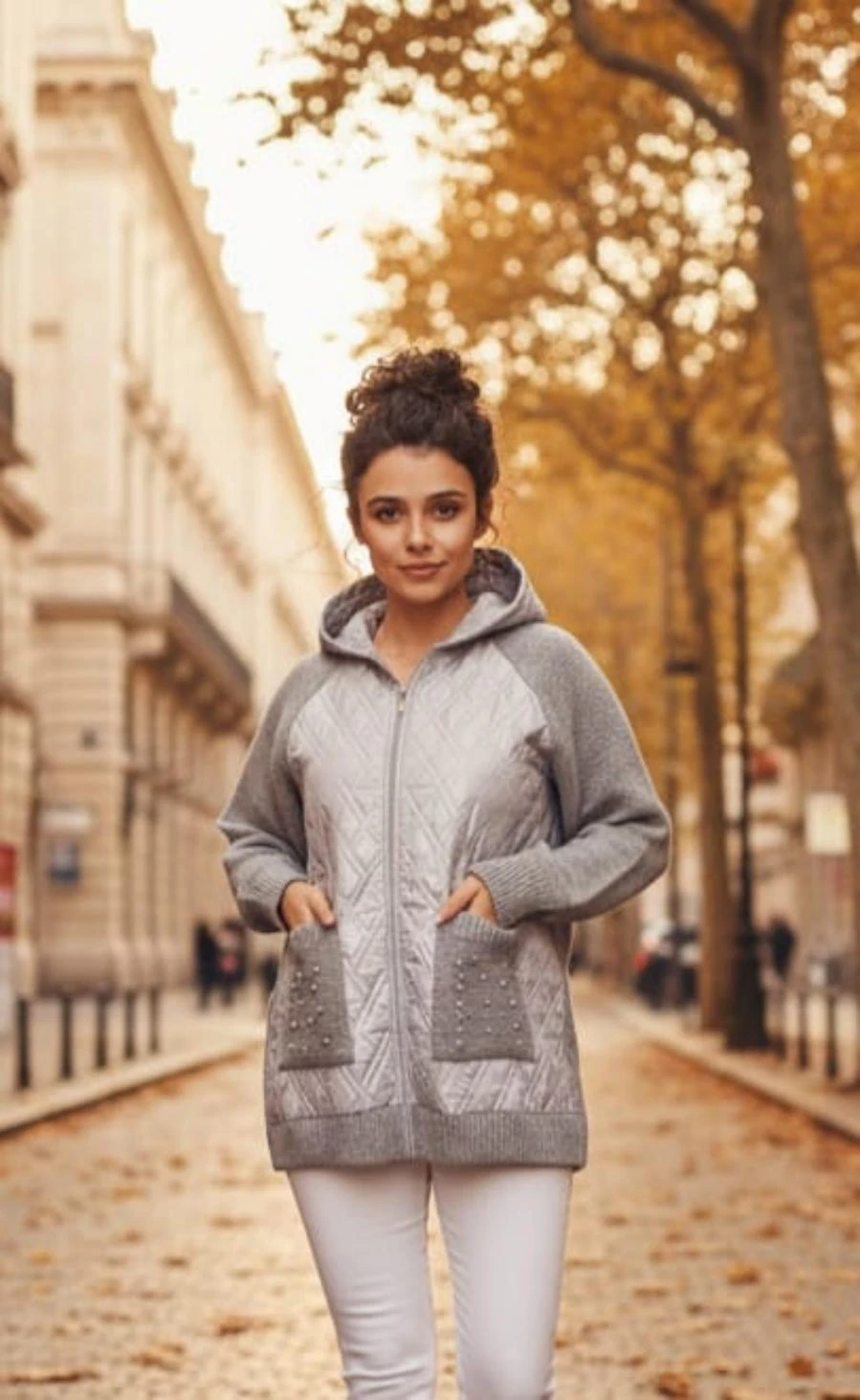 Kapüşonlu Cepli Taş Detay Kapitoneli Triko Hırka