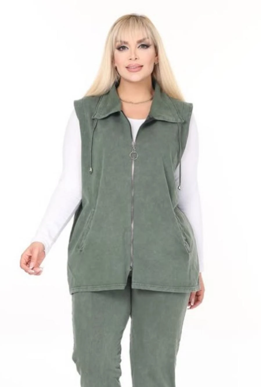 Yaka İp Detaylı Çift Cepli Fermuarlı Uzun Pamuk Yelek 