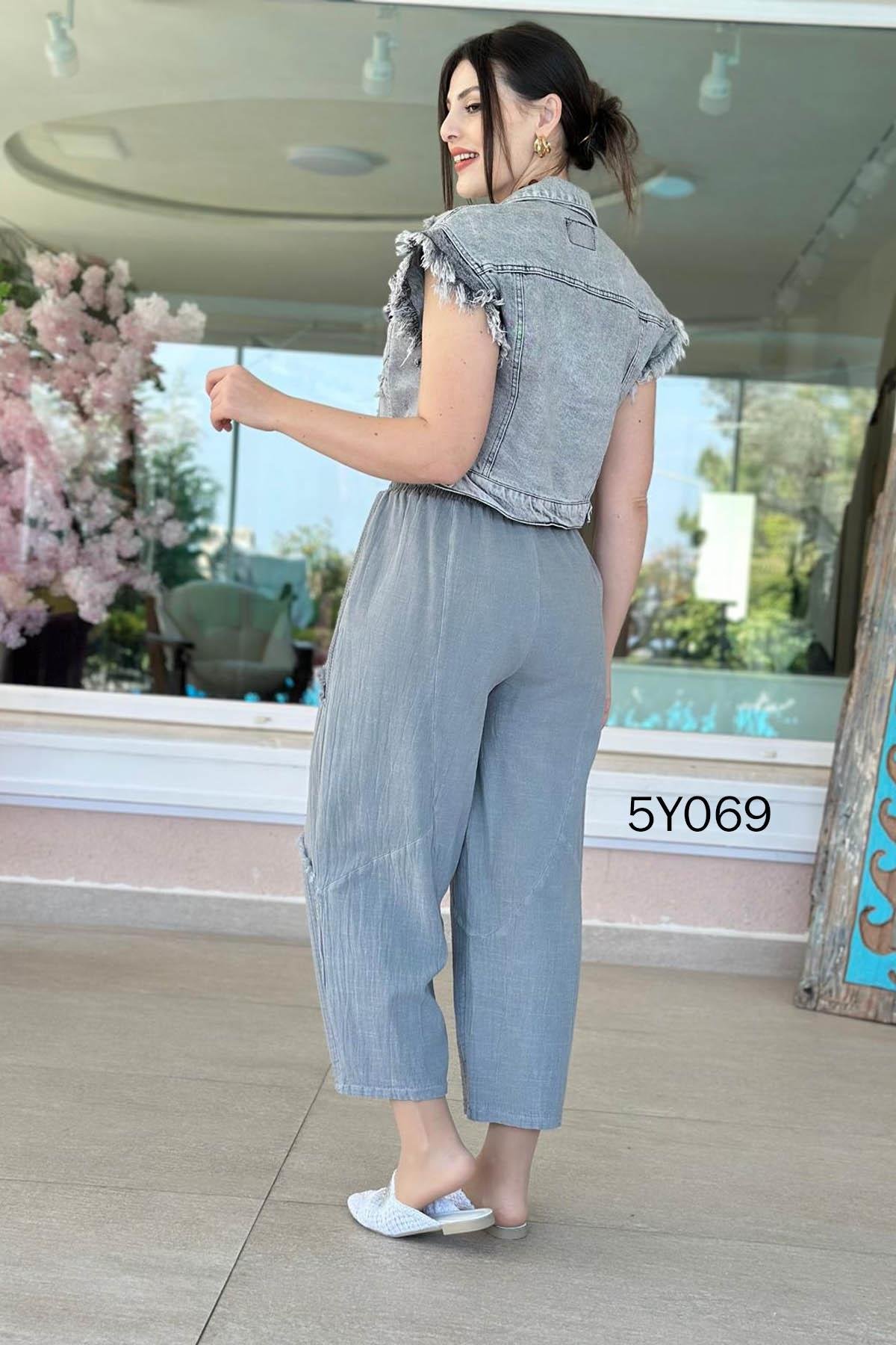 Keten Görünümlü Fileli Cep Dikiş Detay İtalyan Tasarım Pantolon %100 Pamuk