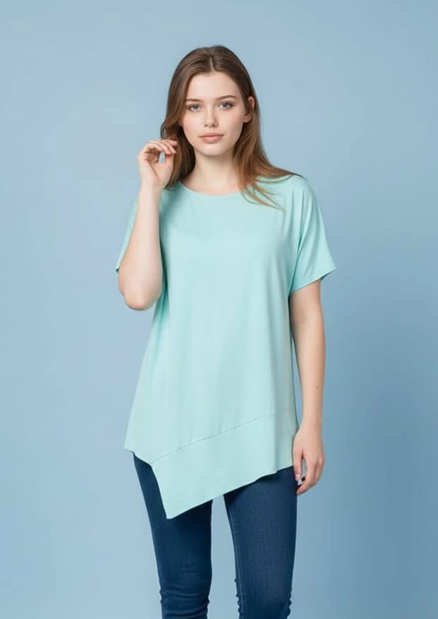Büyük Beden T-Shırt Asimetrik Kesim Yuvarlak Yaka %95 Pamuk %5 Likra
