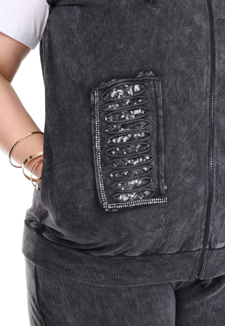 Kapüşonlu Pul Payet Taş İşlemeli Lazer Kesim Fermuarlı Cepli %100 Organik Pamuk Yelek