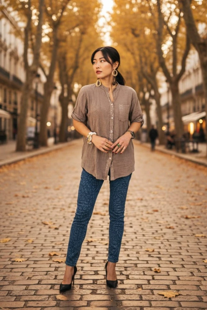 Oversize Keten Gömlek Hakim Yaka Cep Pul Detay Patlı Kol %100 Pamuk