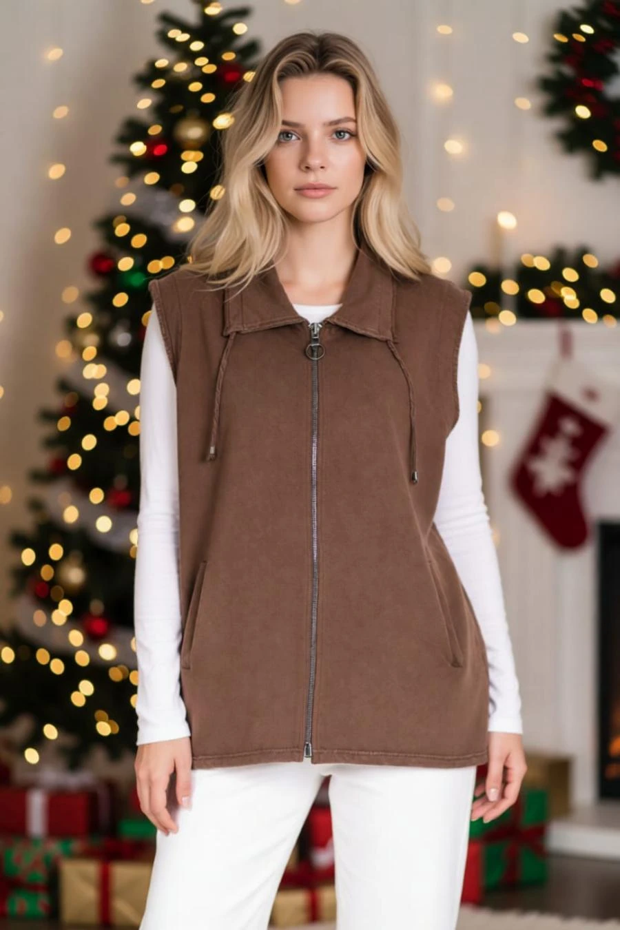 Kadın Büyük Beden Yaka İp Detaylı Çift Cepli Fermuarlı Uzun Pamuk Yelek