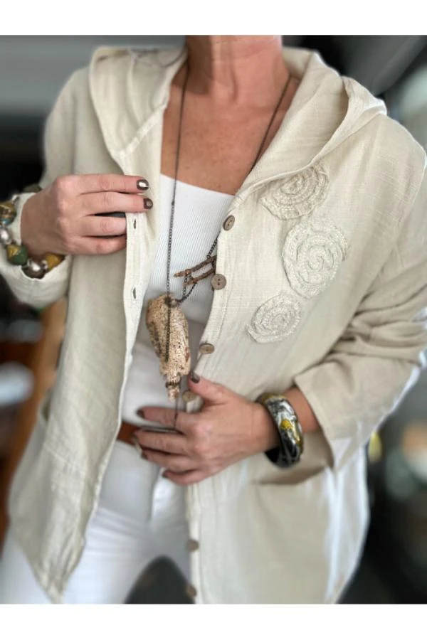 Düş Kapanı Nakış Detaylı Hırka Kapüşonlu Torba Cepli %100 Pamuk