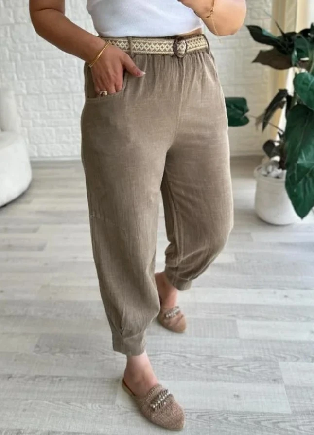 Beli Lastikli Kemerli Paça Pens Detaylı Cepli %100 Pamuk Pantolon