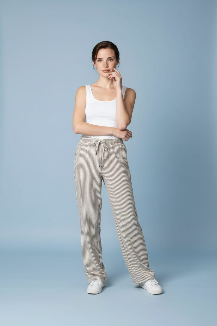 Çizgili Bol Paça Pantolon Beli Lastikli Bağlamalı 