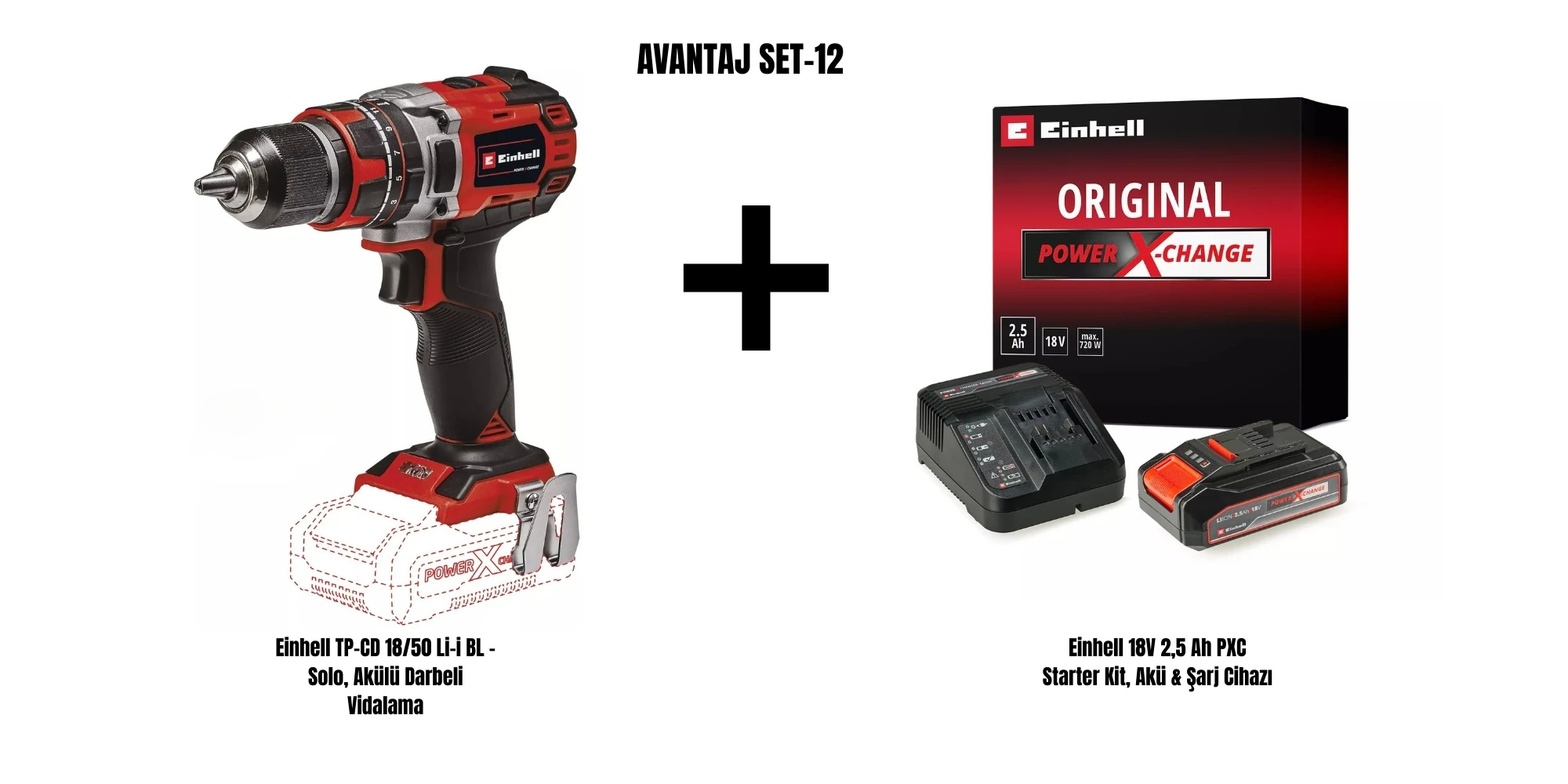Einhell Set-12 (Einhell TP-CD 18/50 Li-i BL Akülü Darbeli Vidalama+Einhell 18V 2,5 Ah PXC Starter Kit, Akü & Şarj Cihazı)
