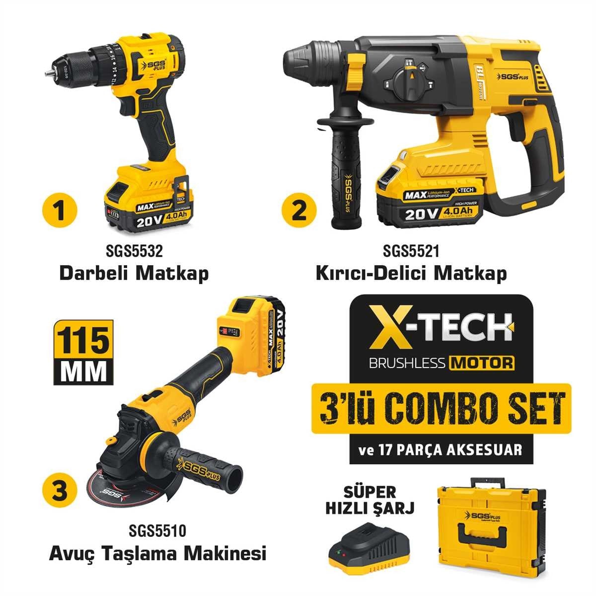 COMBO SET 3 PARÇA (Darbeli Matkap/Kırıcı-Delici Matkap/Avuç Taslama Makinesi) SGS5450