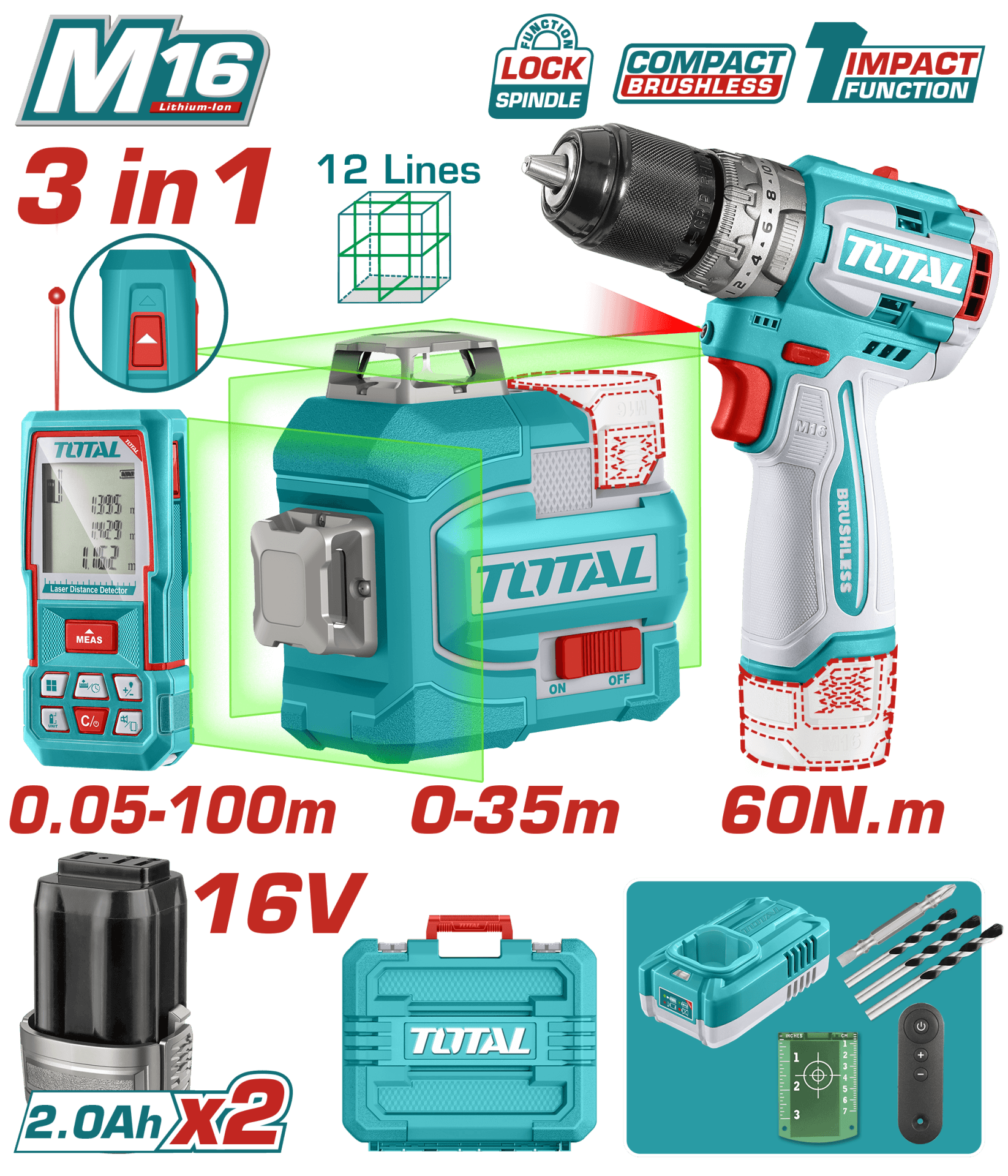 TOTAL AVANTAJ SET - 16V DARBELİ MATKAP, 16V 100M LAZER METRE TOSLI250101E
