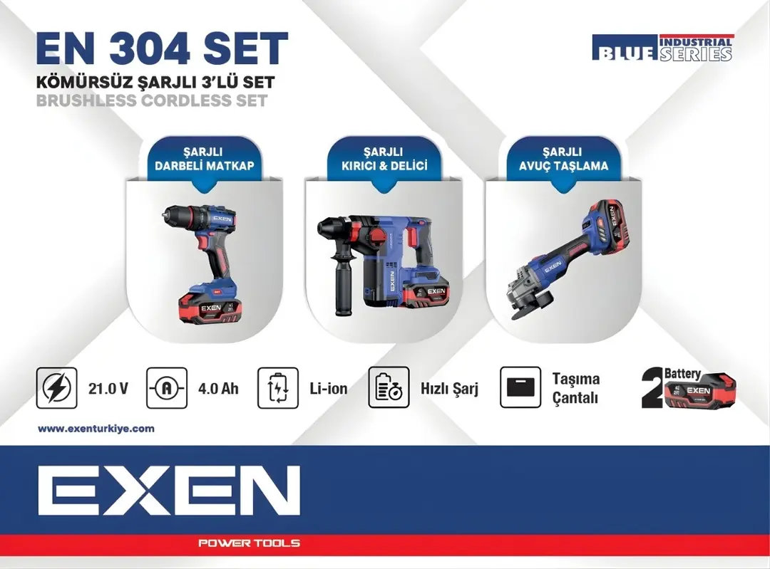 EXEN EN 304 SET - 21V 4Ah Kömürsüz Şarjlı Makina 3'lü Set EX018030
