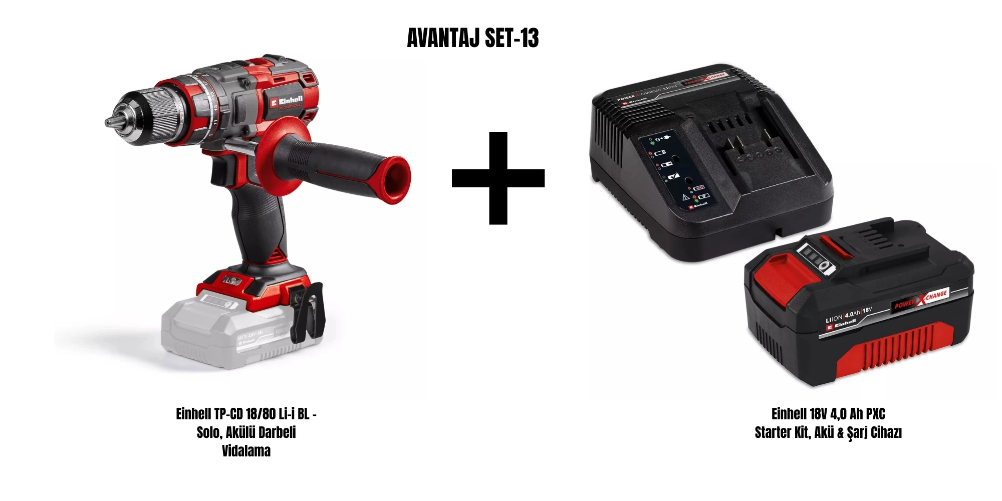 Einhell Set-13 (Einhell TP-CD 18/80 Li-i BL Akülü Darbeli Vidalama+Einhell 18V 4,0 Ah PXC Starter Kit, Akü & Şarj Cihazı)