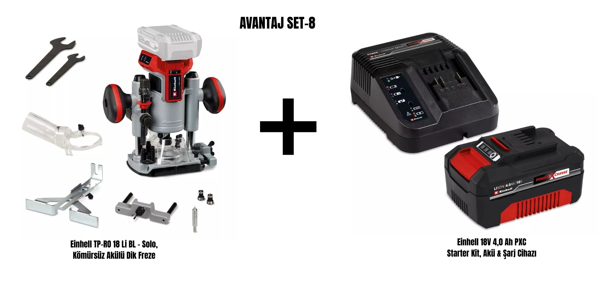 Einhell Set-8 (Einhell TP-RO 18 Li BL Kömürsüz Akülü Dik Freze+Einhell 18V 4,0 Ah PXC Starter Kit, Akü & Şarj Cihazı)