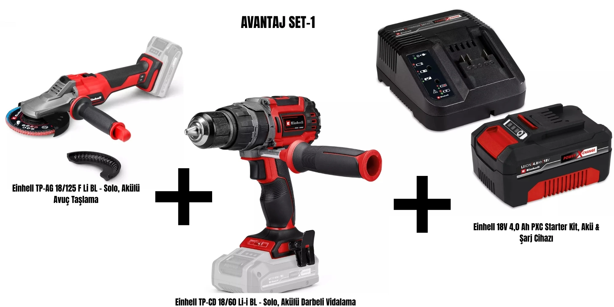 Einhell Avantaj Set-1 (Einhell TP-AG 18/125 F Li BL Akülü Avuç Taşlama+Einhell TP-CD 18/60 Li-i BL Akülü Darbeli Vidalama+Einhell 18V 4,0 Ah PXC Starter Kit, Akü & Şarj Cihazı