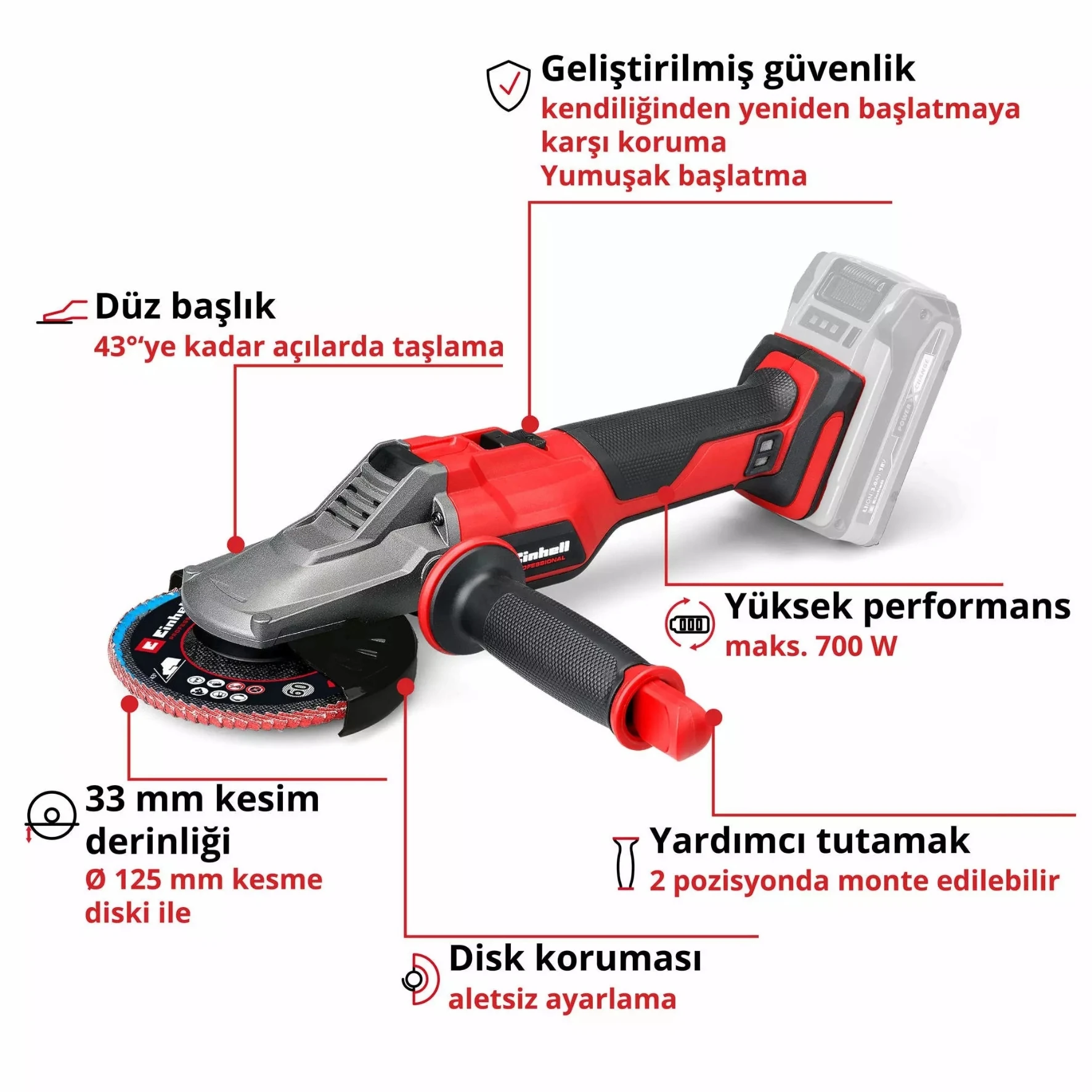 Einhell TP-AG 18/125 F Li BL - Solo, Akülü Avuç Taşlama