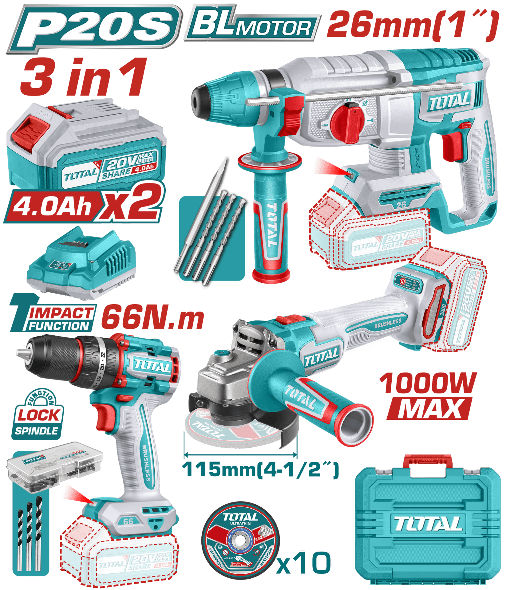 TOTAL 3 LÜ SET KIRICI DELİCİ-DARBELİ MATKAP TAŞLAMA TOSLI241198E