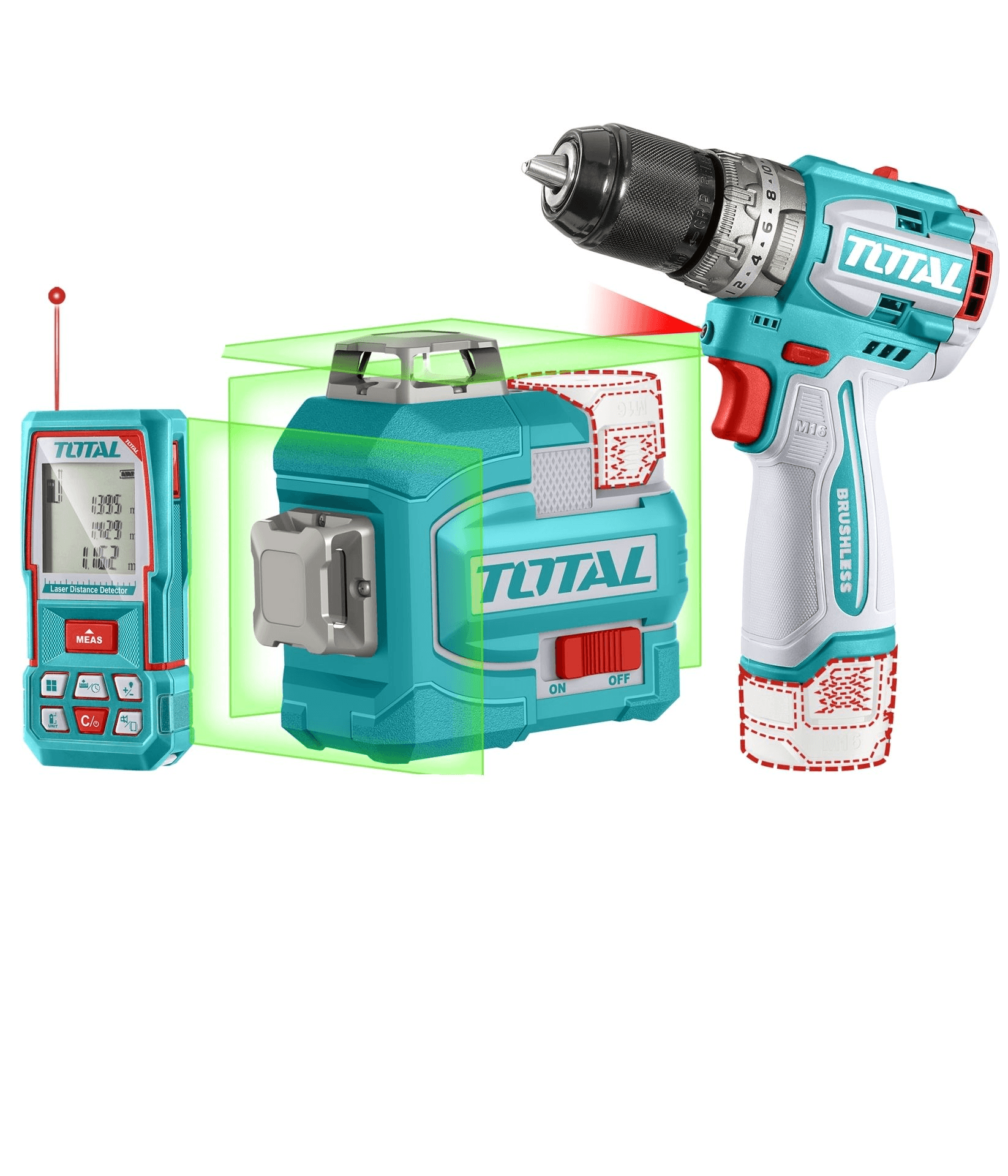 TOTAL AVANTAJ SET - 16V DARBELİ MATKAP, 16V 100M LAZER METRE TOSLI250101E