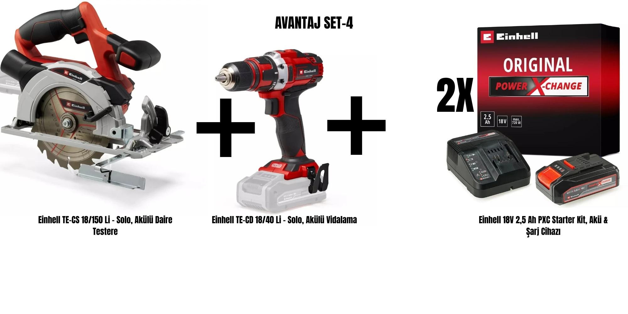 Einhell Set-4 (Einhell TE-CS 18/150 Li Akülü Daire Testere+Einhell TE-CD 18/40 Li Akülü Vidalama+2xEinhell 18V 2,5 Ah PXC Starter Kit, Akü & Şarj Cihazı)