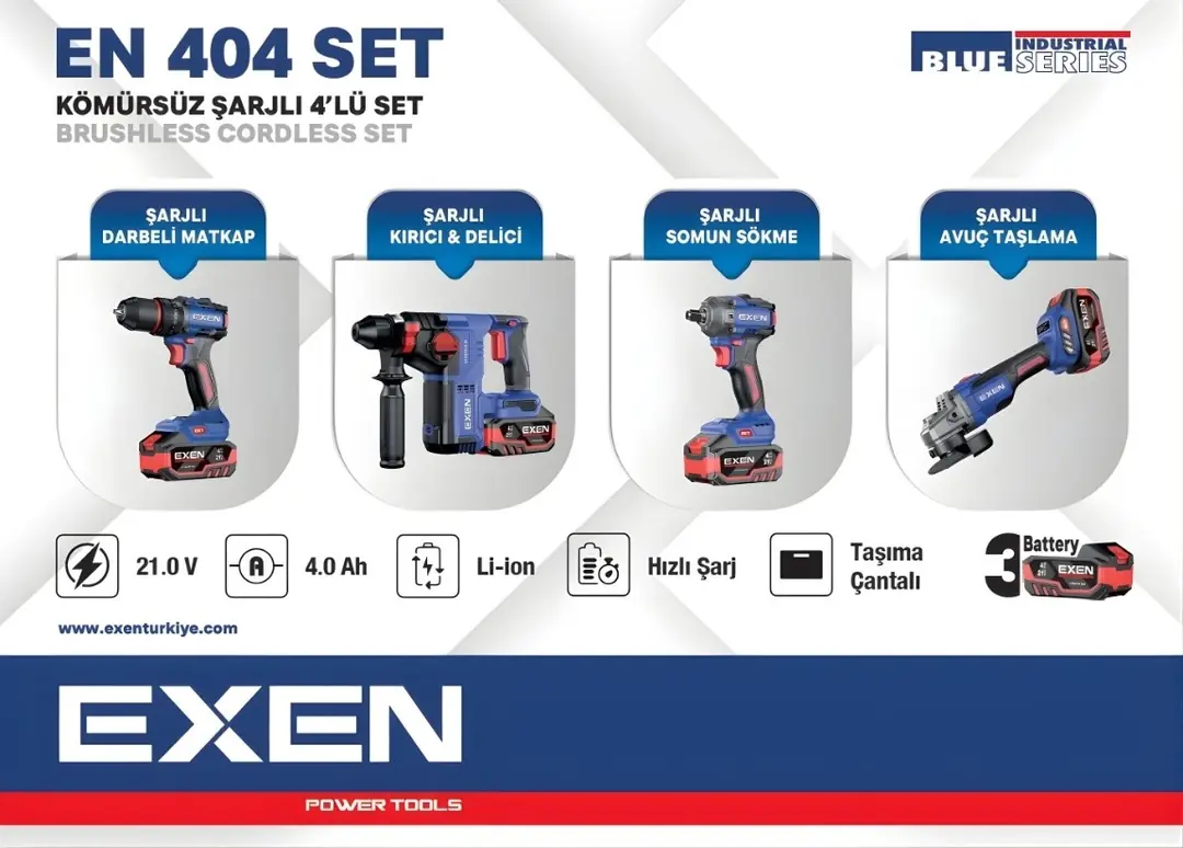 EXEN EN 404 SET - 21V 4Ah Kömürsüz Şarjlı Makina 4'lü Set EX018042