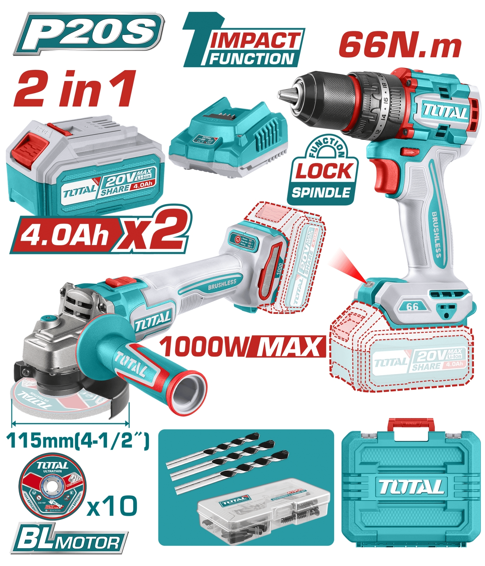 Total AVANTAJ 2Lİ SET - DARBELİ MATKAP & AKÜLÜ TAŞLAMA TCKLI20273E