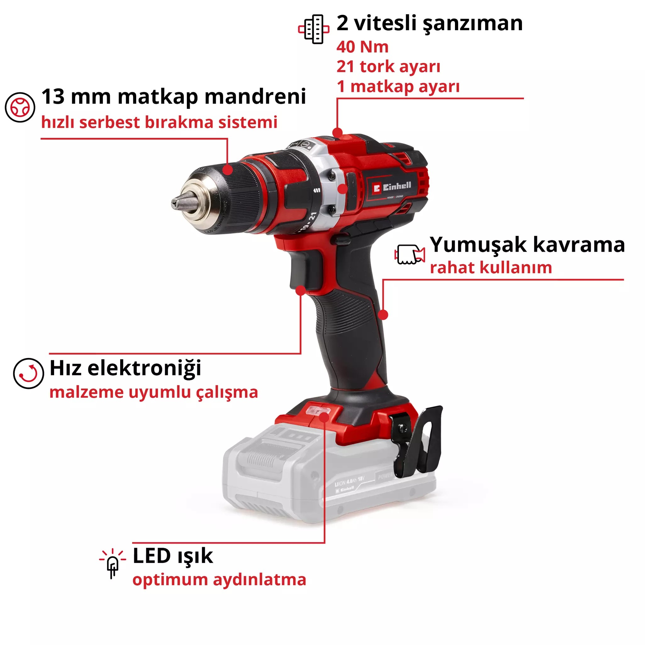 Einhell TE-CD 18/40 Li - Solo, Akülü Vidalama