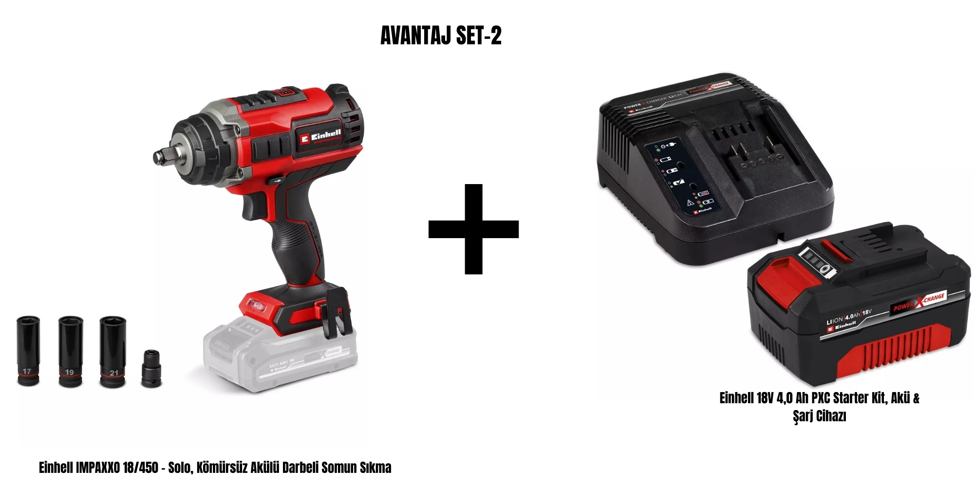 Einhell Avantaj Set-2 (IMPAXXO 18/450 Kömürsüz Akülü Darbeli Somun Sıkma ve 18V 4,0 Ah PXC Starter Kit, Akü & Şarj Cihazı)