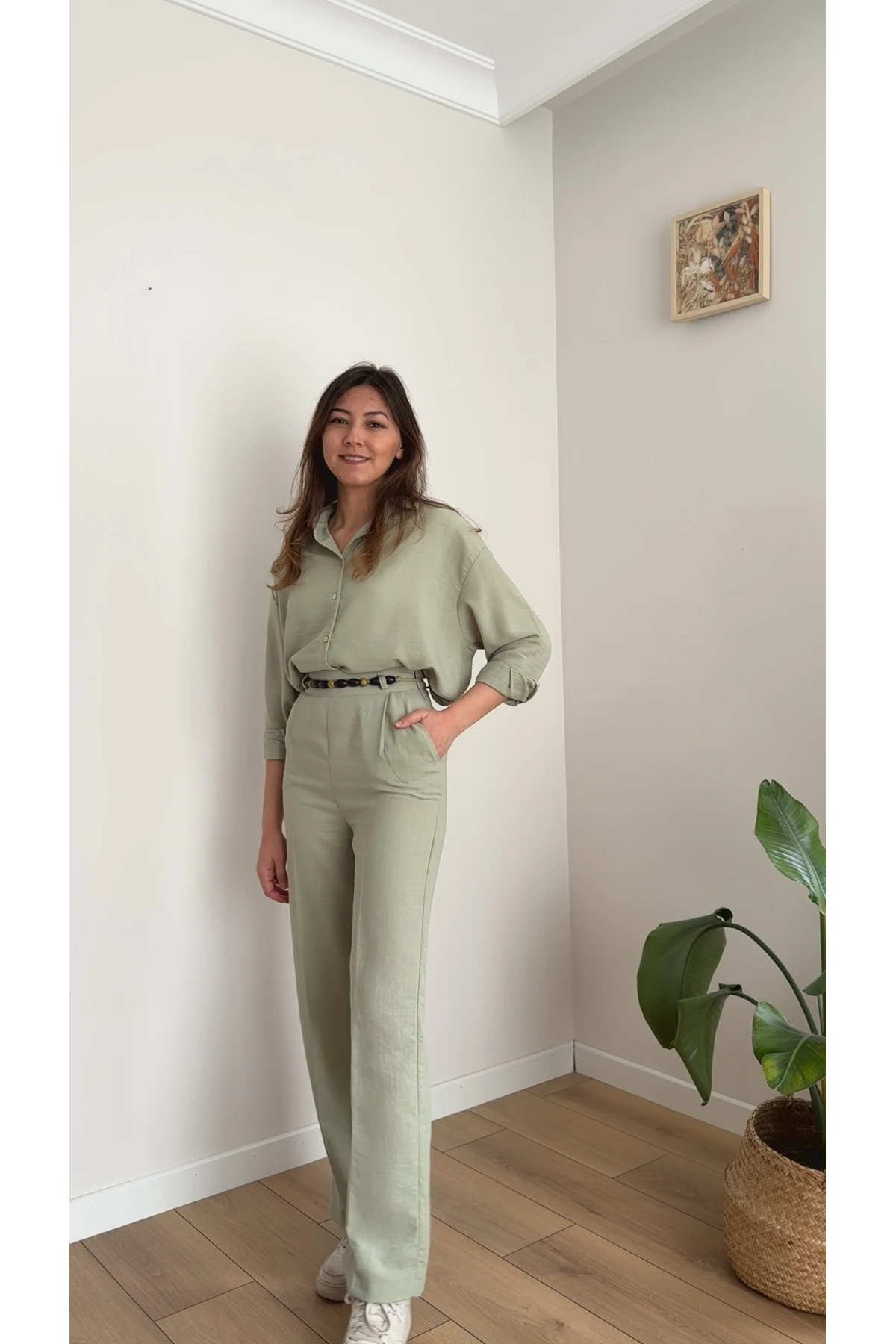 Keten Gömlek Pantolon Takım - Çağla Yeşili