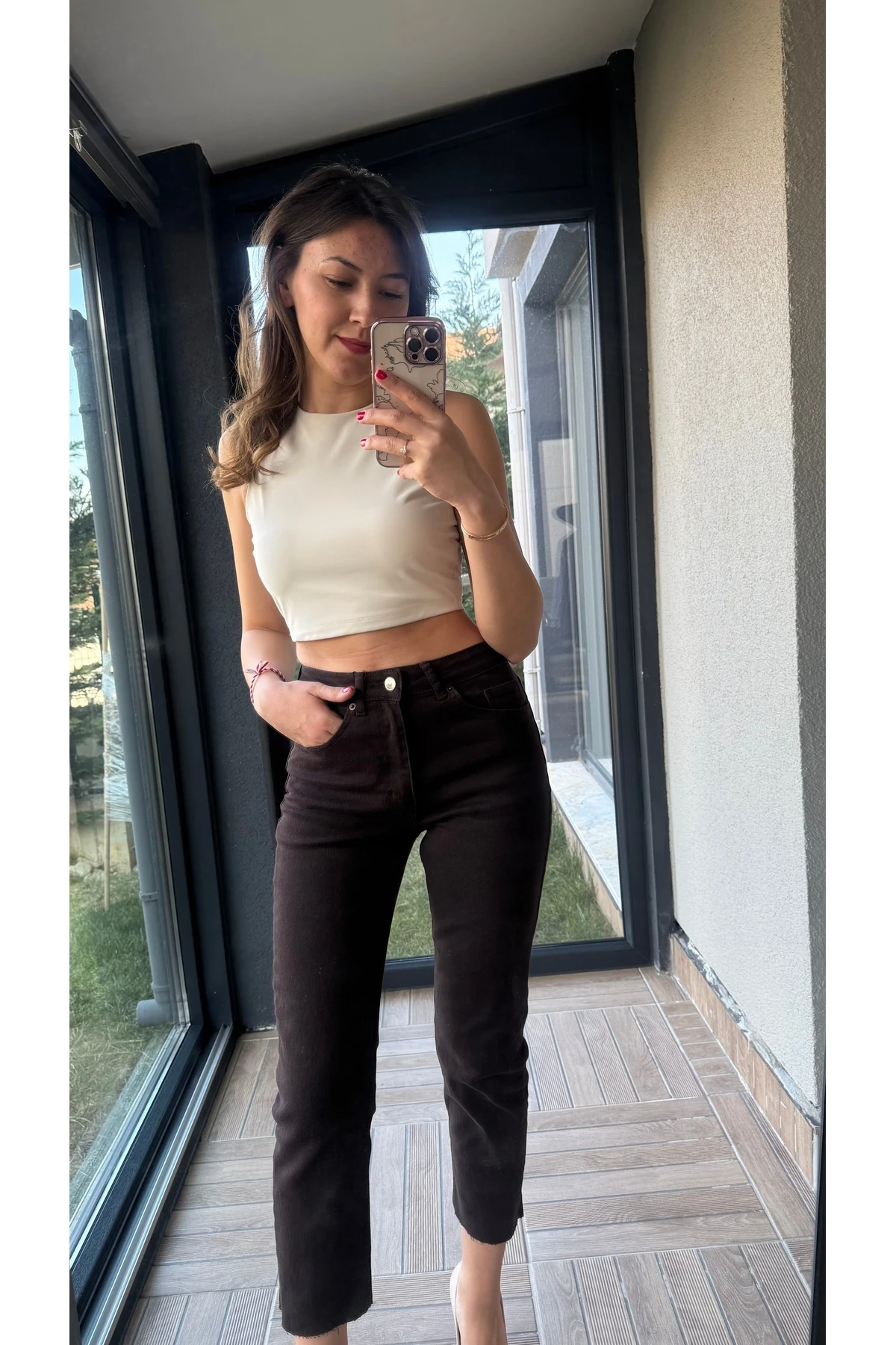 Yüksek Bel Kesik Paça Jean Pantolon - Acı Kahve