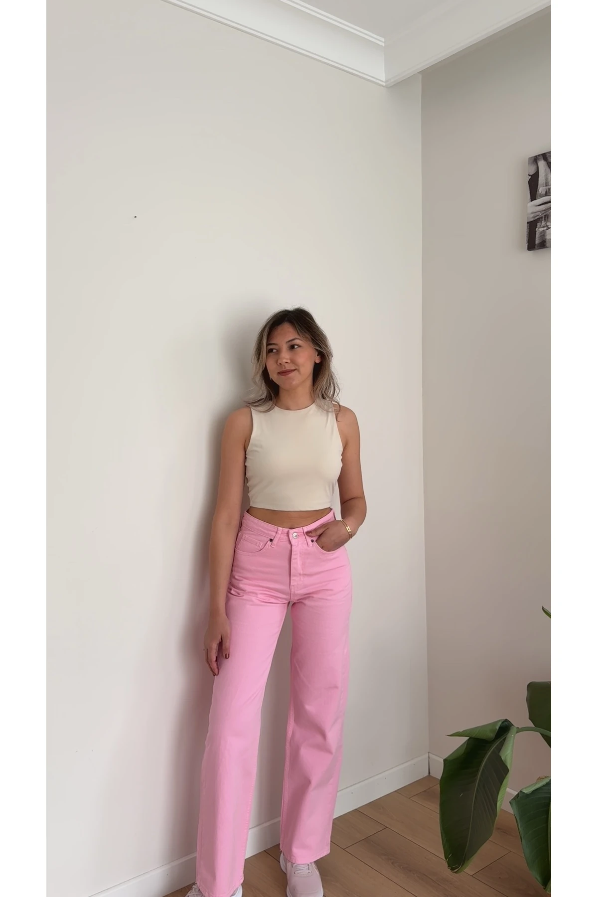 Yüksek Bel Düz Paça Jean Pantolon - Pembe