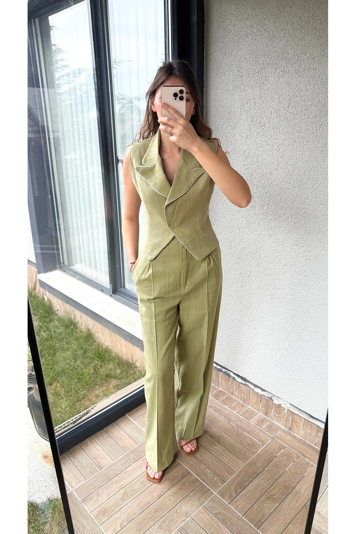 Biyeli Keten Yelekli Takım - Haki