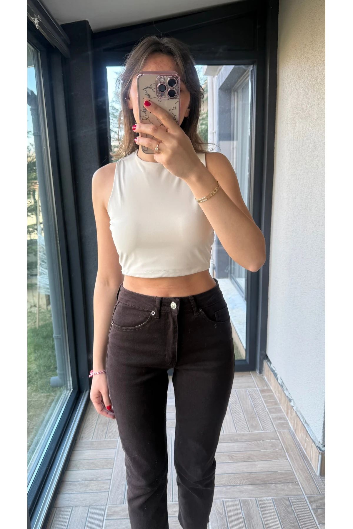 Yüksek Bel Kesik Paça Jean Pantolon - Acı Kahve