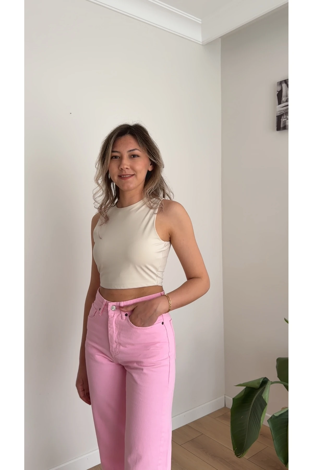 Yüksek Bel Düz Paça Jean Pantolon - Pembe