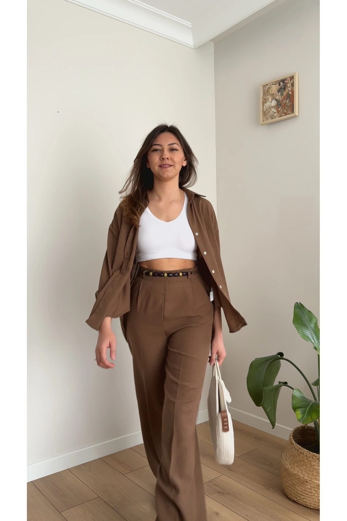 Keten Gömlek Pantolon Takım - Kahverengi