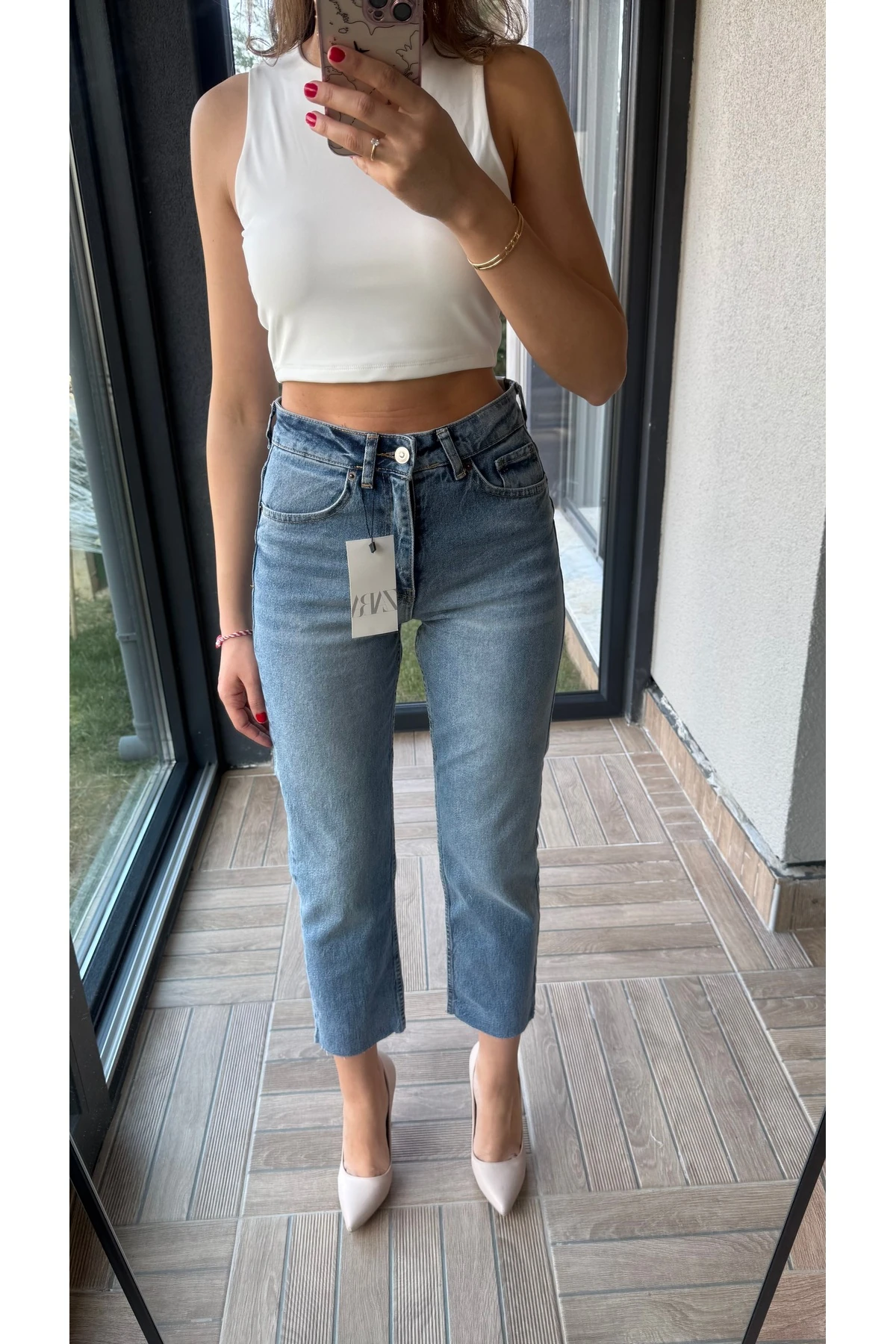 Yüksek Bel Kesik Paça Jean Pantolon - Açık Mavi