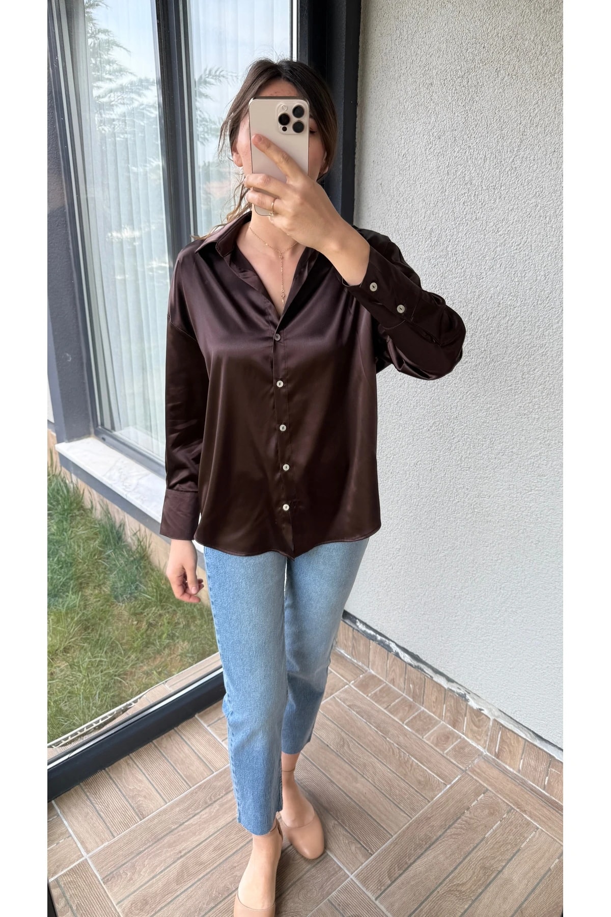 Saten Gömlek - Kahverengi