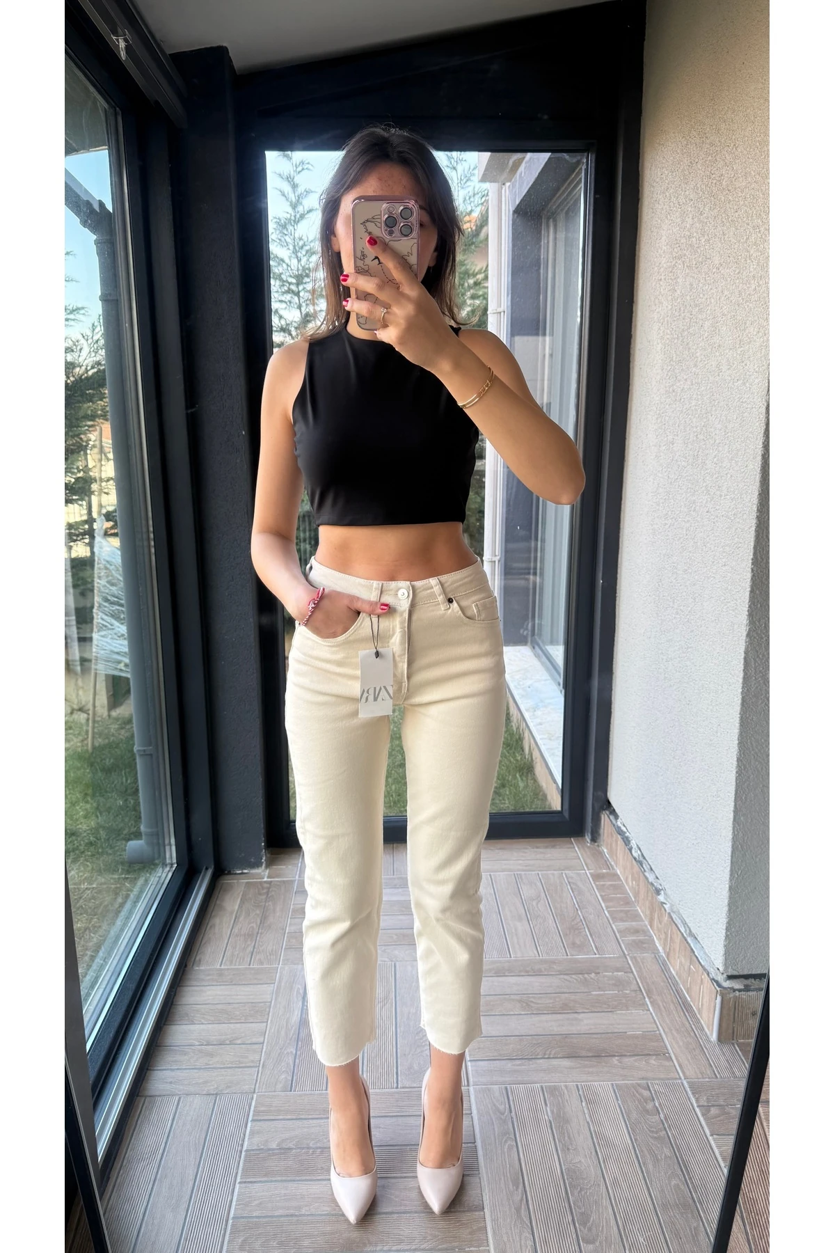 Yüksek Bel Kesik Paça Jean Pantolon - Ekru