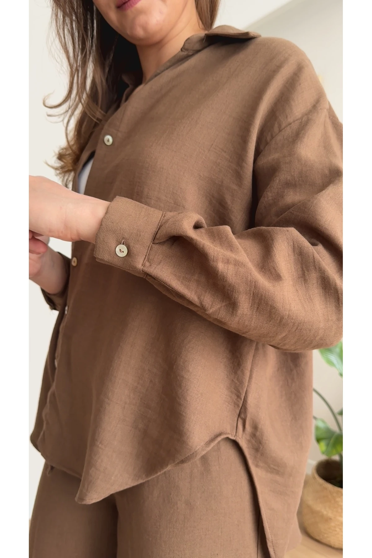 Keten Gömlek Pantolon Takım - Kahverengi