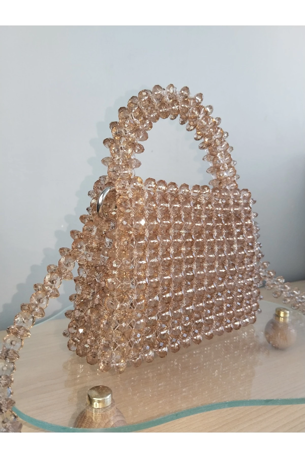 Şampanya Rengi Boncuk Omuz Çantası