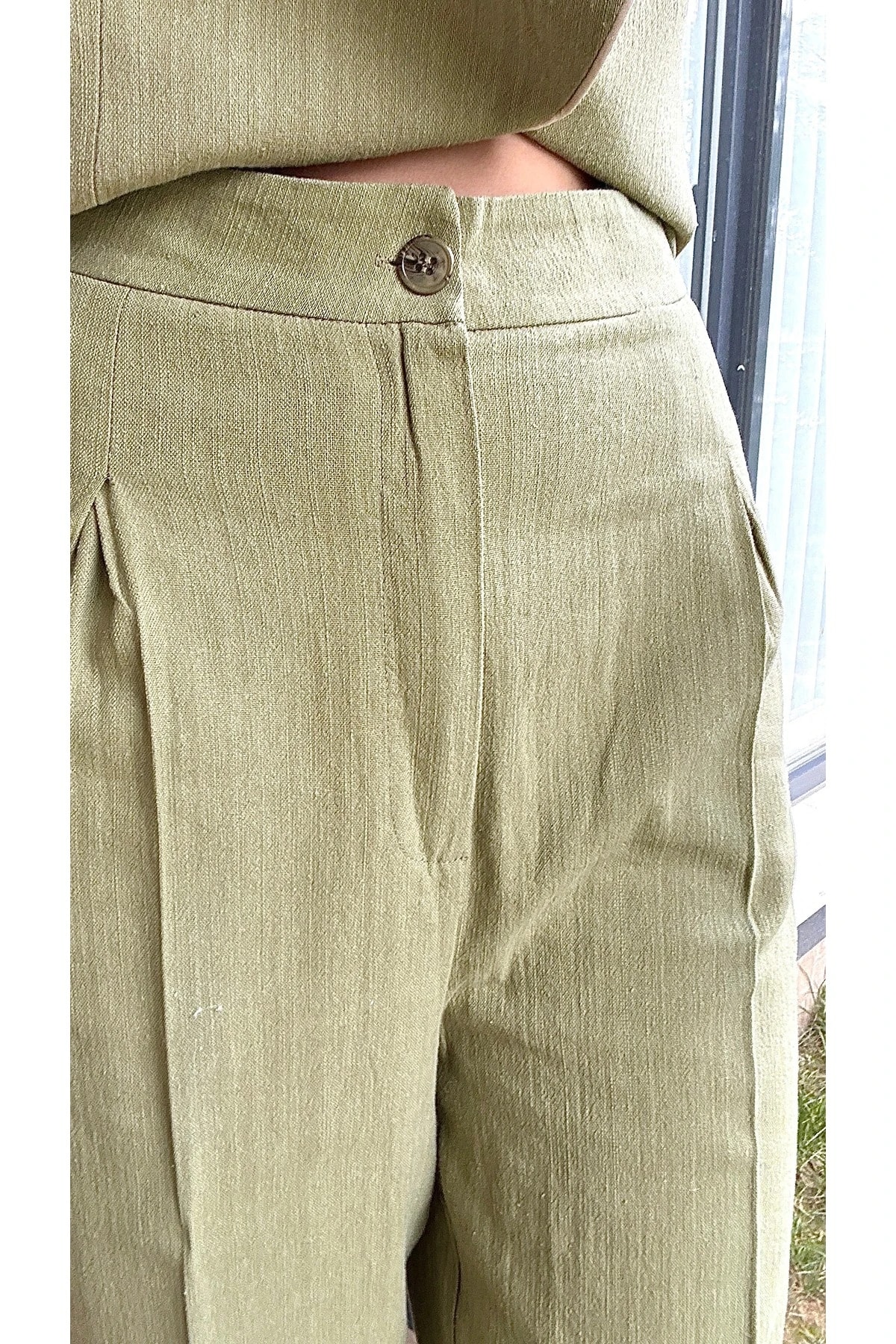 Biyeli Keten Yelekli Takım - Haki