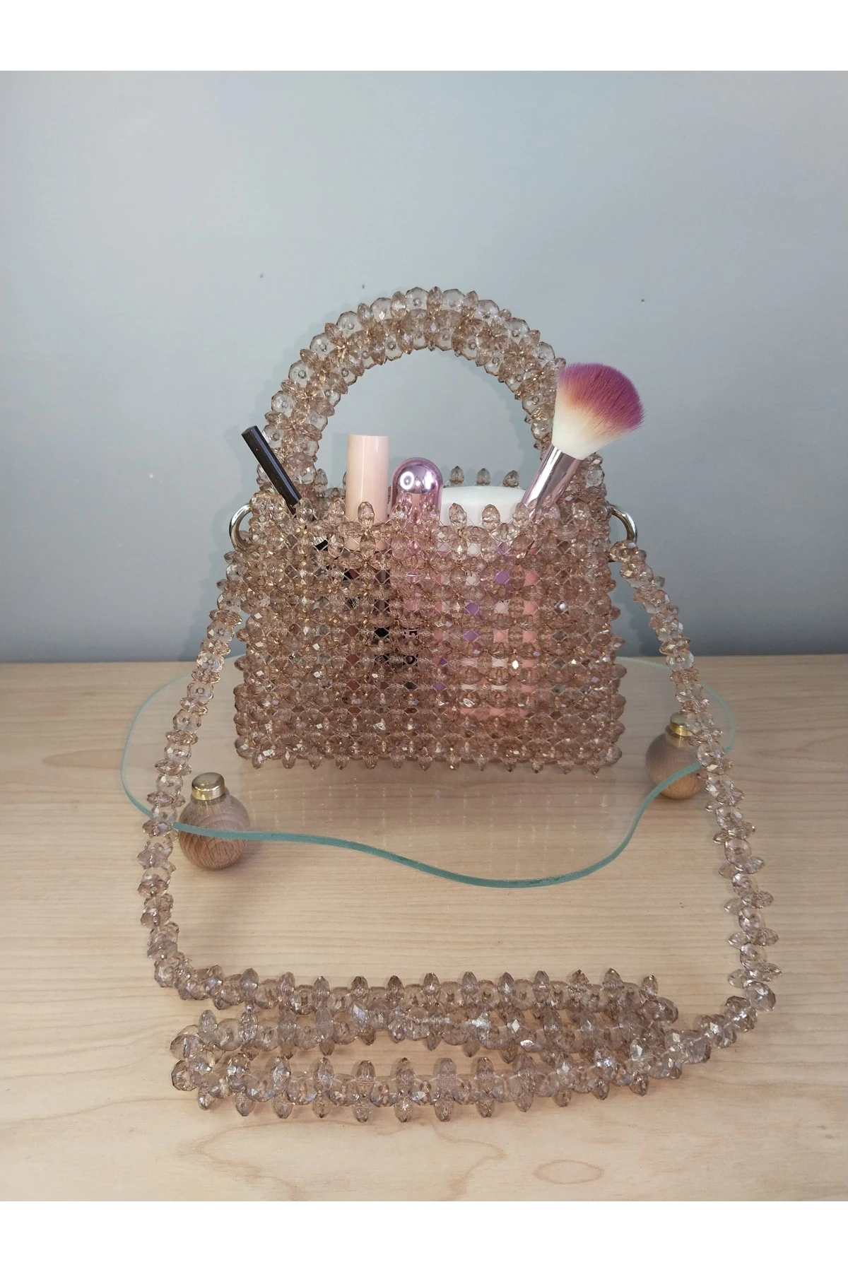 Şampanya Rengi Boncuk Omuz Çantası