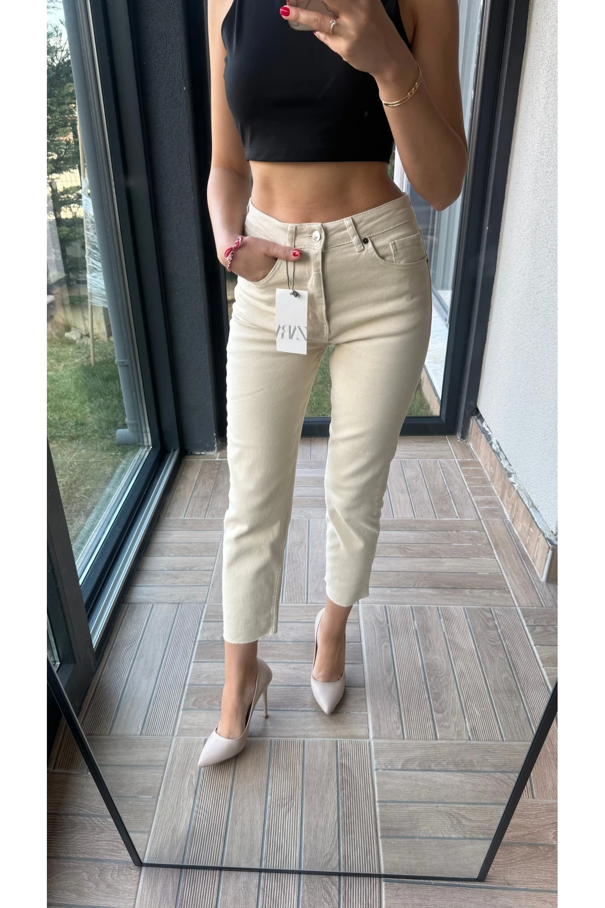 Yüksek Bel Kesik Paça Jean Pantolon - Ekru